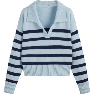 CIDER Women’s Polo Sweater Striped Collared Lightweight Long Sleeve V Neck Pullover Fall Sweater Tops 2024(Blue)