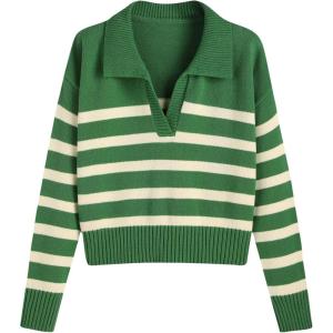 CIDER Women’s Polo Sweater Striped Collared Lightweight Long Sleeve V Neck Pullover Fall Sweater Tops 2024(Green)