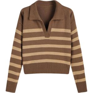 CIDER Women’s Polo Sweater Striped Collared Lightweight Long Sleeve V Neck Pullover Fall Sweater Tops 2024(Khaki)