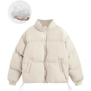 CIDER Women’s Quilted Puffer Jacket Cropped Long Sleeve Stand Collar Zip Up Trendy Winter Oversized Coat(Beige)