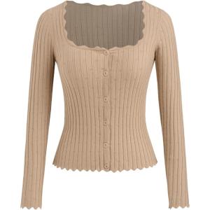 CIDER Women’s Ribbed Knit Crop Cardigan Long Sleeve Square Neck Button Down Shirts Slim it Tops(Khaki)