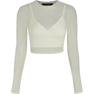 CIDER Women’s Sheer Long Sleeve Mesh Crop Top & Tank Top Shirts(Beige)