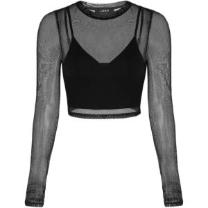 CIDER Women’s Sheer Long Sleeve Mesh Crop Top & Tank Top Shirts(Black)