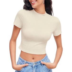 CIDER Womens Short Sleeve Shirts Summer Crop Tops Crewneck T Shirt Basic Baby Tees Going Out Tops Slim Fit Y2K Clothes(Beige)