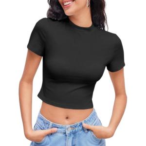CIDER Womens Short Sleeve Shirts Summer Crop Tops Crewneck T Shirt Basic Baby Tees Going Out Tops Slim Fit Y2K Clothes(Black)