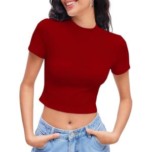CIDER Womens Short Sleeve Shirts Summer Crop Tops Crewneck T Shirt Basic Baby Tees Going Out Tops Slim Fit Y2K Clothes(Red)