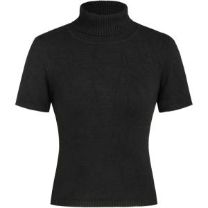 CIDER Women’s Short Sleeve Turtleneck Tops Cute Knit Slim Fit Sweater Blouses Basic Tee(Black)