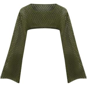 CIDER Women’s Shrugs Mesh Crop Tops Bolero Hollow Out Long Sleeve Crochet Sweater Bolero(Plus Green)