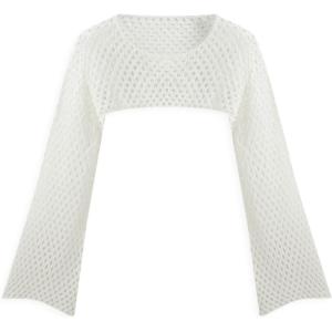 CIDER Women’s Shrugs Mesh Crop Tops Bolero Hollow Out Long Sleeve Crochet Sweater Bolero(Plus White)