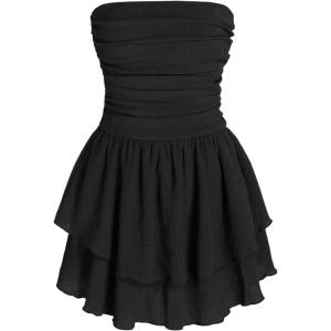 CIDER Women’s Summer Cocktail Dress – Tube Ruched Ruffle Mini Dress(Black)