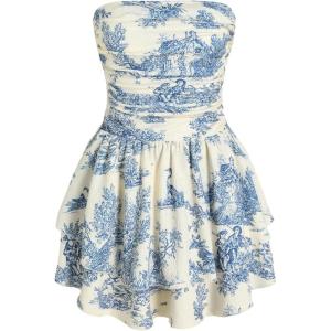CIDER Women’s Summer Cocktail Dress – Tube Ruched Ruffle Mini Dress(Blue)