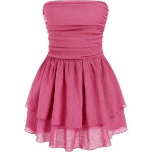 CIDER Women’s Summer Cocktail Dress – Tube Ruched Ruffle Mini Dress(Carmine)