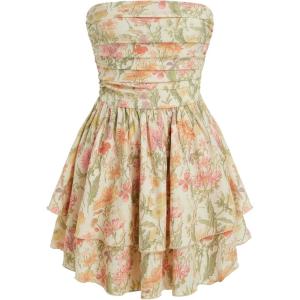 CIDER Women’s Summer Cocktail Dress – Tube Ruched Ruffle Mini Dress(Floral Beige)