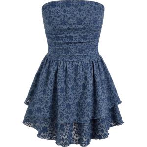 CIDER Women’s Summer Cocktail Dress – Tube Ruched Ruffle Mini Dress(Floral Blue)