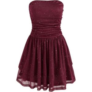 CIDER Women’s Summer Cocktail Dress – Tube Ruched Ruffle Mini Dress(Glitter Burgundy)
