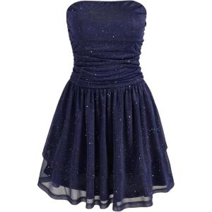CIDER Women’s Summer Cocktail Dress – Tube Ruched Ruffle Mini Dress(Glitter Dark Navy)