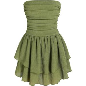 CIDER Women’s Summer Cocktail Dress – Tube Ruched Ruffle Mini Dress(Green)