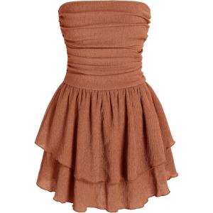 CIDER Women’s Summer Cocktail Dress – Tube Ruched Ruffle Mini Dress(Orange)