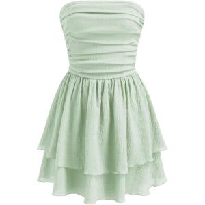 CIDER Women’s Summer Cocktail Dress – Tube Ruched Ruffle Mini Dress(Pale Green)