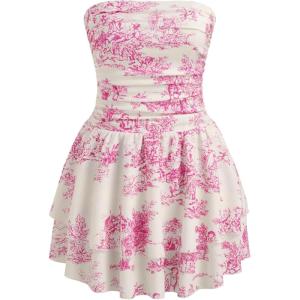 CIDER Women’s Summer Cocktail Dress – Tube Ruched Ruffle Mini Dress(Pink & White)