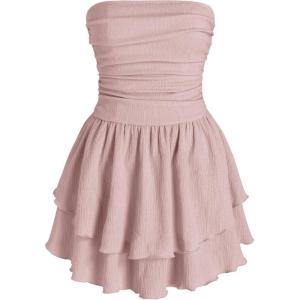 CIDER Women’s Summer Cocktail Dress – Tube Ruched Ruffle Mini Dress(Pink)