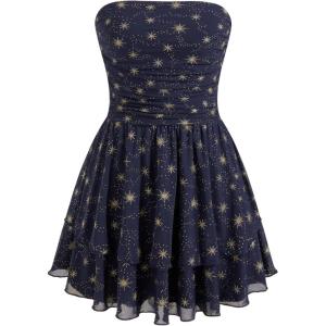CIDER Women’s Summer Cocktail Dress – Tube Ruched Ruffle Mini Dress(Star Blue)