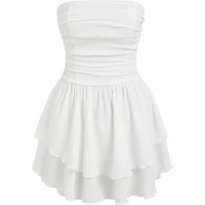 CIDER Women’s Summer Cocktail Dress – Tube Ruched Ruffle Mini Dress(White)