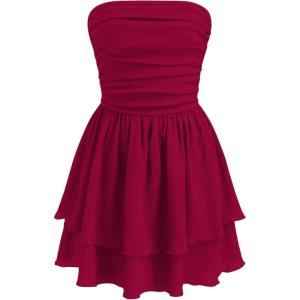 CIDER Women’s Summer Cocktail Dress – Tube Ruched Ruffle Mini Dress(Wine)