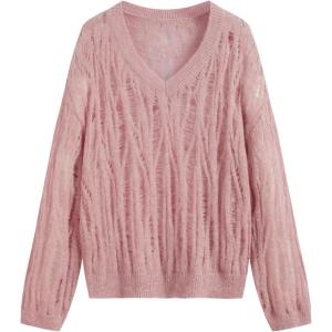 CIDER Womens Sweater Hollow Out V Neck Long Sleeve Knit Cute Casual Lightweight Pullover Sweater Tops(Pink)