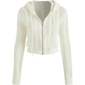 CIDER Women’s Zip Up Hoodie Crop Top Hollow Out Knitted Long Sleeve Cardigan Jacket Sweatshirt(White)