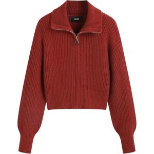 CIDER Zip Up Cardigans for Women Fall Trendy Long Sleeve Chunky Cardigan Knit Open Front Collared Zipper Cardigan(Carmine)