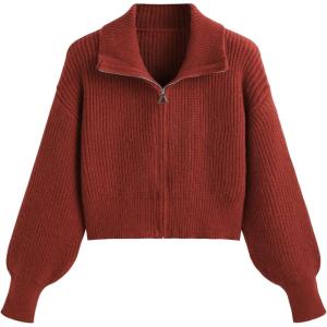 CIDER Zip Up Cardigans for Women Fall Trendy Long Sleeve Chunky Cardigan Knit Open Front Collared Zipper Cardigan(Carmine Plus)