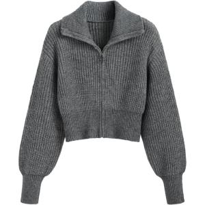 CIDER Zip Up Cardigans for Women Fall Trendy Long Sleeve Chunky Cardigan Knit Open Front Collared Zipper Cardigan(Grey)
