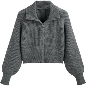 CIDER Zip Up Cardigans for Women Fall Trendy Long Sleeve Chunky Cardigan Knit Open Front Collared Zipper Cardigan(Grey Plus)