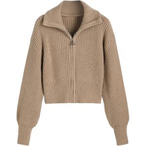 CIDER Zip Up Cardigans for Women Fall Trendy Long Sleeve Chunky Cardigan Knit Open Front Collared Zipper Cardigan(Khaki)