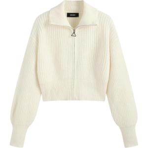 CIDER Zip Up Cardigans for Women Fall Trendy Long Sleeve Chunky Cardigan Knit Open Front Collared Zipper Cardigan(White)