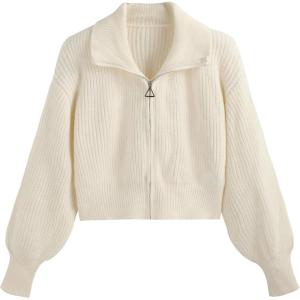 CIDER Zip Up Cardigans for Women Fall Trendy Long Sleeve Chunky Cardigan Knit Open Front Collared Zipper Cardigan(White Plus)