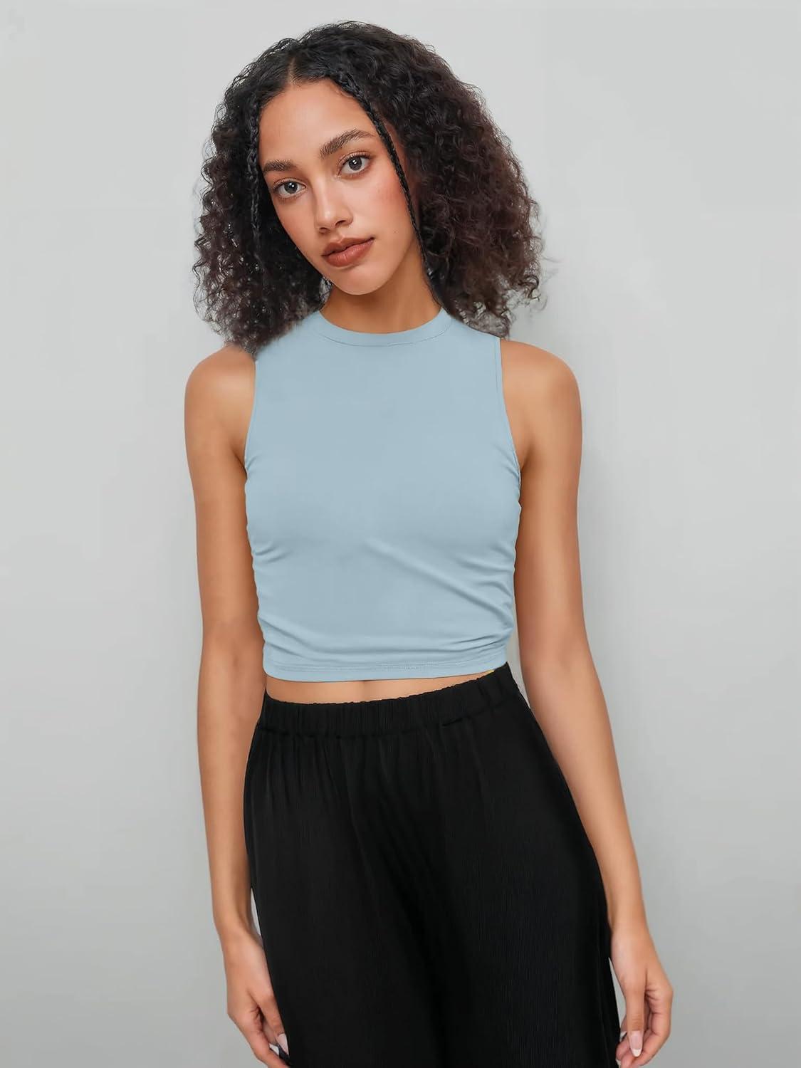 imageCIDER Crop Tops for Women Mimi Cuttrell Basic Sleeveless Ruched Going Out Summer Casual Ribbed Tank TopSky Blue