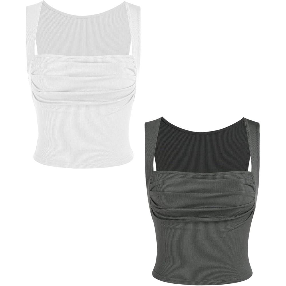 imageCIDER 2 Pack Women Tank Tops Set Ruched Square Neck Sleeveless Going Out Cute Crop Top TrendyWhite  Grey
