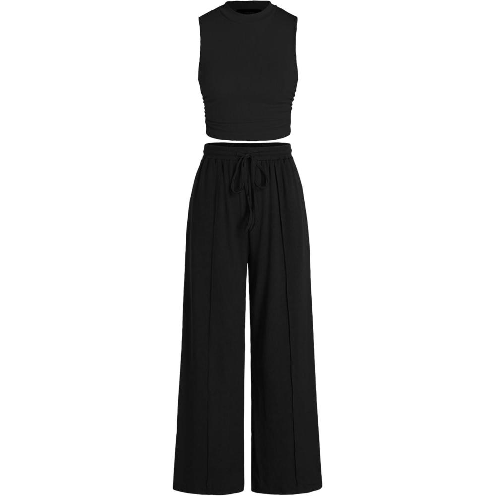 imageCIDER 2 Piece Sets for Women Summer Tracksuit Sleeveless Tank Tops ampamp Wide Leg Pants Mactching SetsBlack