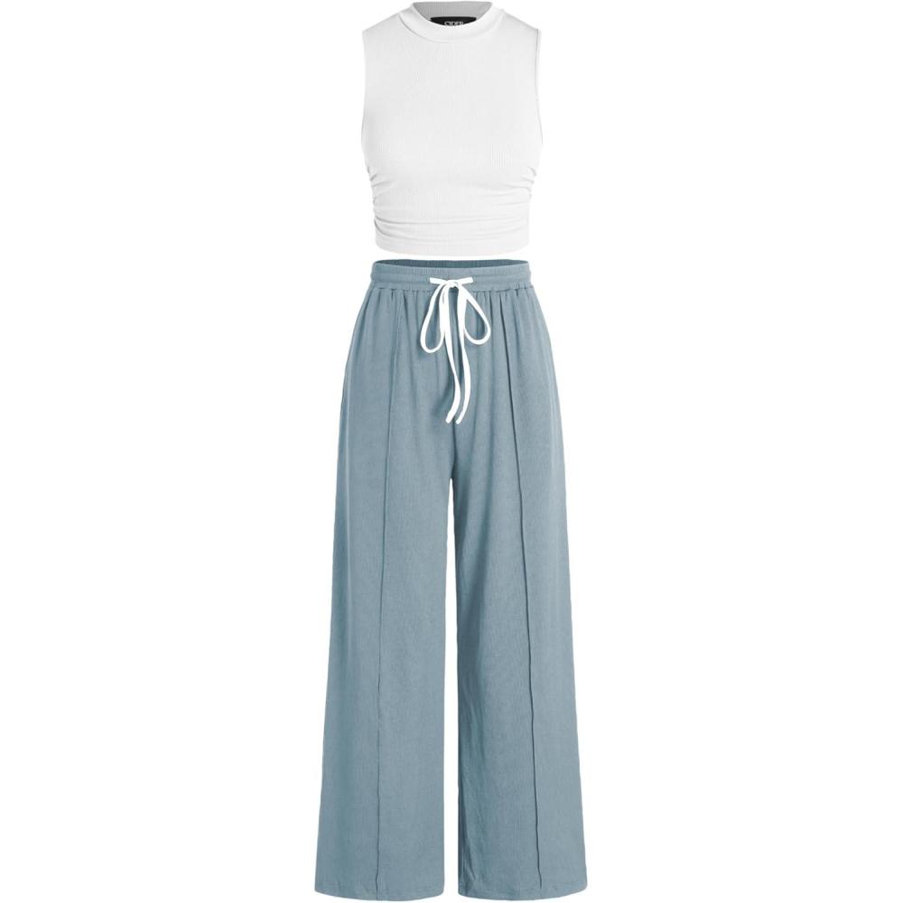 imageCIDER 2 Piece Sets for Women Summer Tracksuit Sleeveless Tank Tops ampamp Wide Leg Pants Mactching SetsBlue