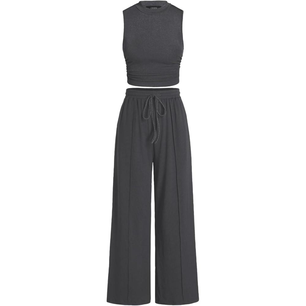 imageCIDER 2 Piece Sets for Women Summer Tracksuit Sleeveless Tank Tops ampamp Wide Leg Pants Mactching SetsGrey