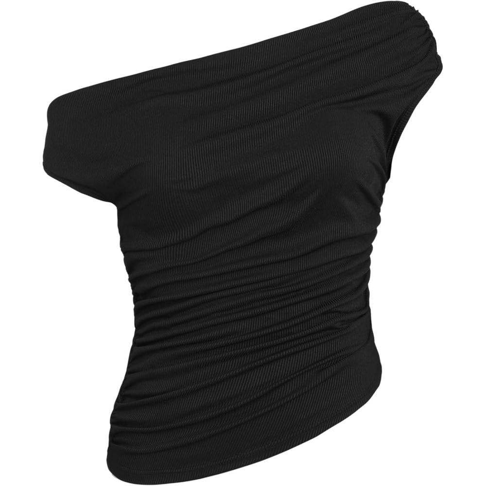 imageCIDER Asymmetrical Neck Ruched Crop TopBlack