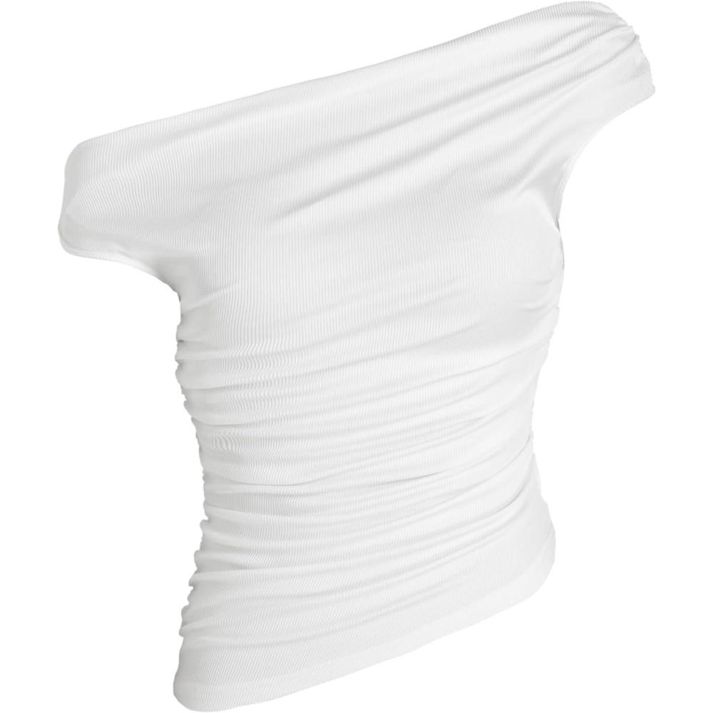 imageCIDER Asymmetrical Neck Ruched Crop TopWhite