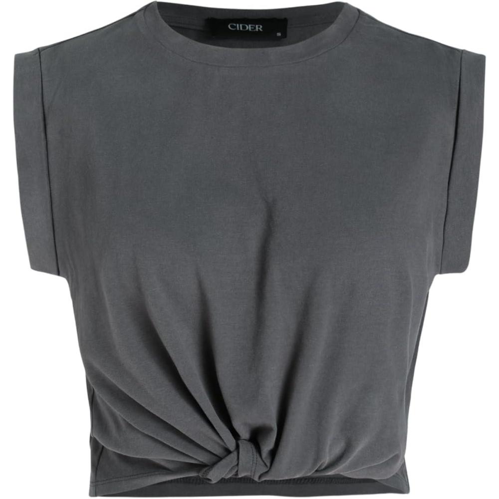 imageCIDER Crop Tops for Women Crew Neck T Shirts Short Sleeve Knotted Twist Front Loose Summer Basic TeeGrey