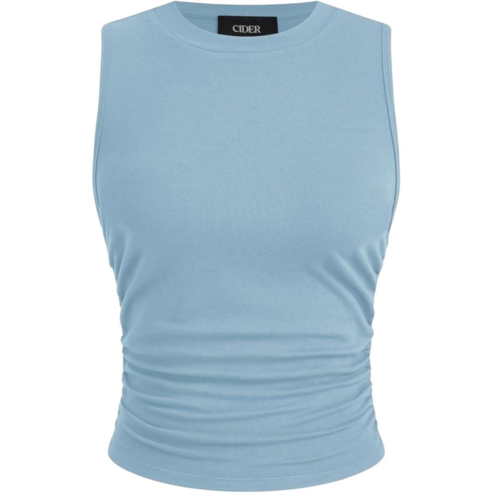 imageCIDER Crop Tops for Women Mimi Cuttrell Basic Sleeveless Ruched Going Out Summer Casual Ribbed Tank TopSky Blue