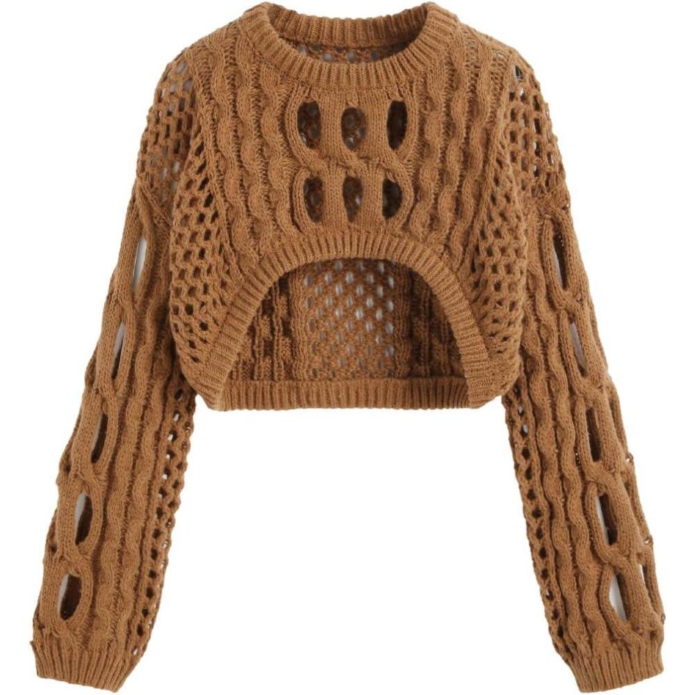 imageCIDER Cropped Sweaters for Women Knit Round Neckline Hollow Out Long Sleeve Crop Top SweatersBrown