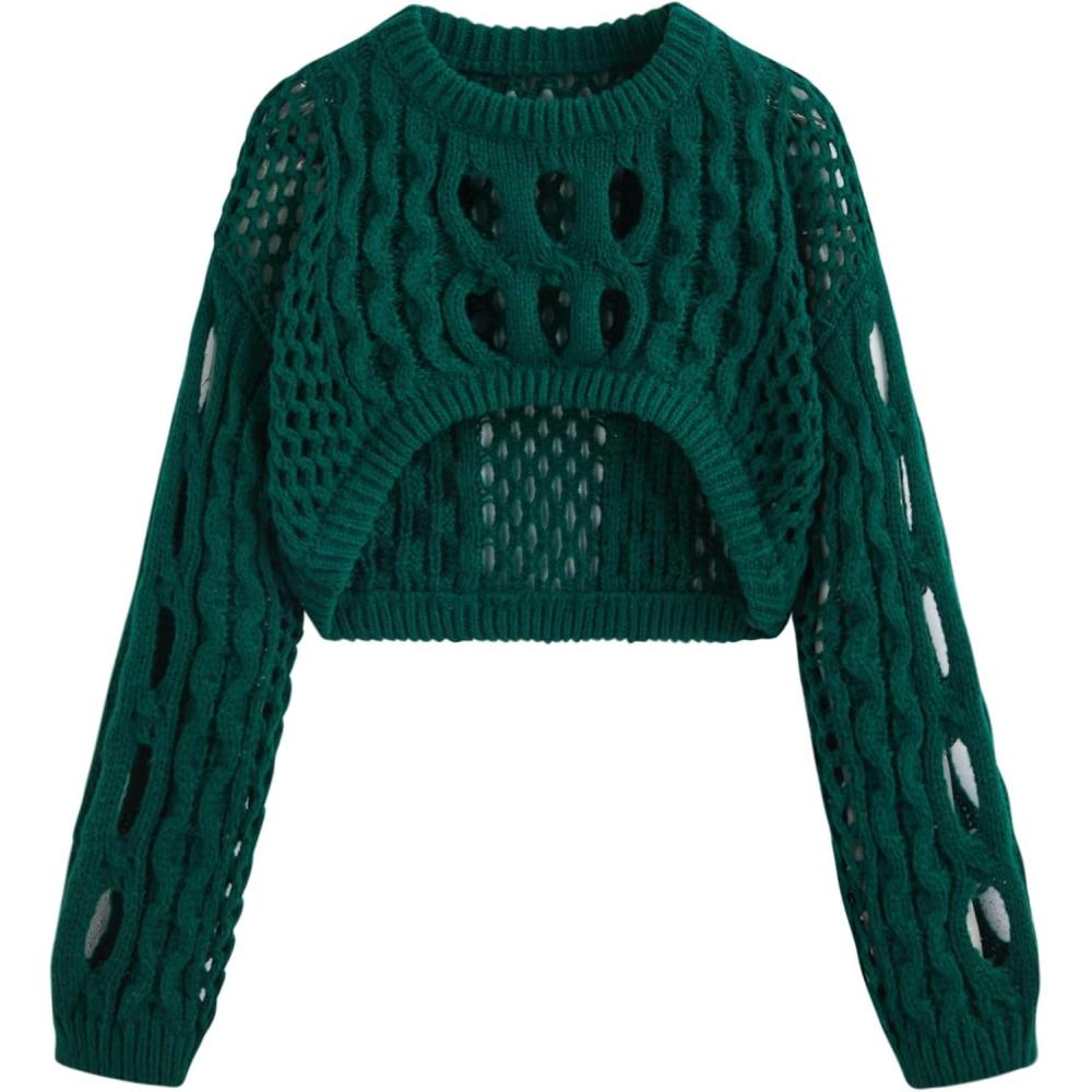 imageCIDER Cropped Sweaters for Women Knit Round Neckline Hollow Out Long Sleeve Crop Top SweatersGreen