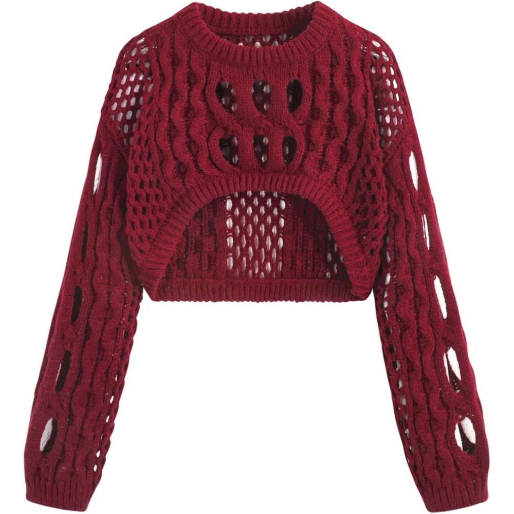 imageCIDER Cropped Sweaters for Women Knit Round Neckline Hollow Out Long Sleeve Crop Top SweatersWine