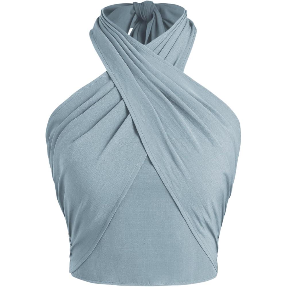 imageCIDER Cross Halter Shirred Back Crop TopBlue